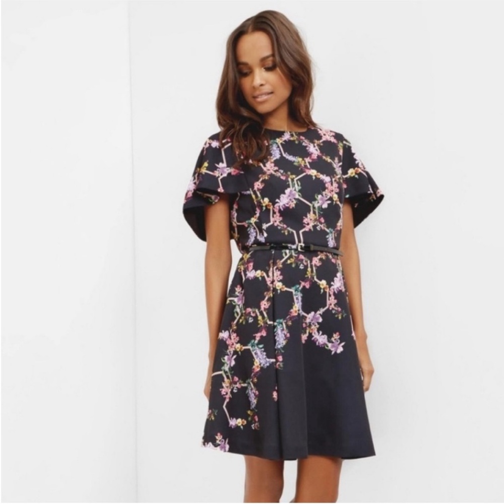Ted Baker Black Dress with Pink Floral Design Uk 1 (US 4) - Picture 2 of 12